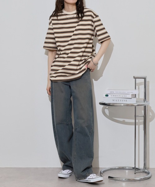 BIG MIKE(ビッグマイク)の「BIG MIKE マルチボーダー サングラスポケット コットン半袖TEEシャツ ポケットTシャツ(Tシャツ/カットソー・メンズ・ミント/チャコール/ナチュラル・M/L/XL)」の4枚目の写真