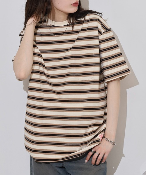 BIG MIKE(ビッグマイク)の「BIG MIKE マルチボーダー サングラスポケット コットン半袖TEEシャツ ポケットTシャツ(Tシャツ/カットソー・メンズ・ミント/チャコール/ナチュラル・M/L/XL)」の5枚目の写真