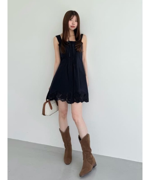 新作新品タグ付き　スナイデル♡ レーストリムコットンミニワンピース レーストリムコットンミニワンピース（ミニワンピース）｜SNIDEL