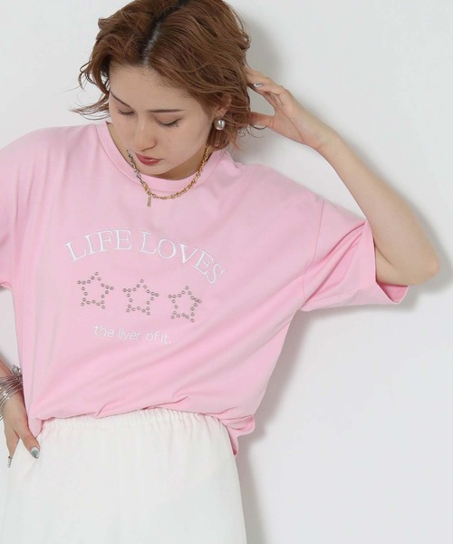 Gready Brilliant(グレディブリリアン)の「スタースタッズロゴ刺繍T(Tシャツ/カットソー・レディース・ピンク/オフホワイト/チャコールグレー・FREE)」の1枚目の写真