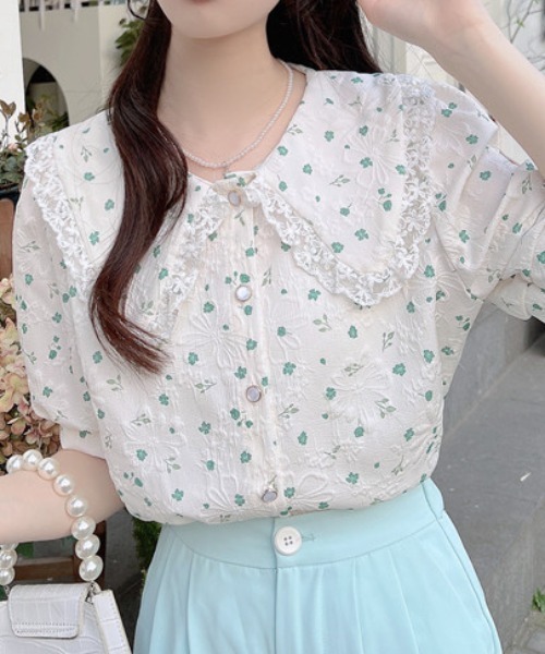♡Herlipto♡新品タグ付き♡パフスリーブレースブラウス♡ パフスリーブ】ブラウス 半袖 白 レース レディース 蝶々 前