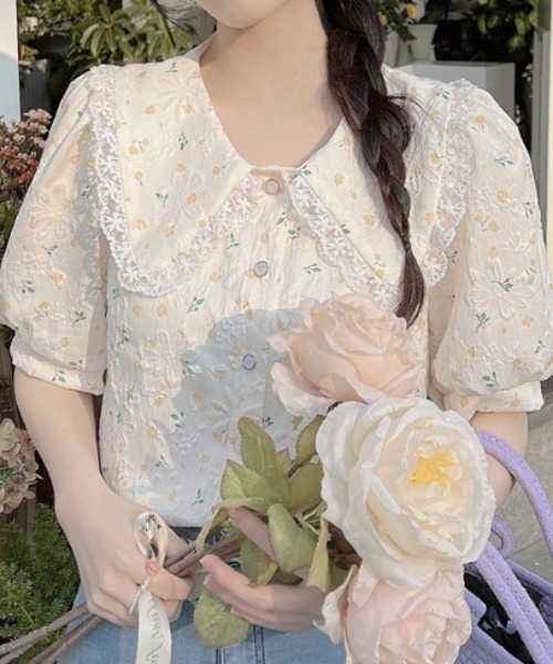 花柄 レース パフスリーブ トップス シャツ スパンコール セール】花柄パフスリーブレーストップス（シャツ/ブラウス