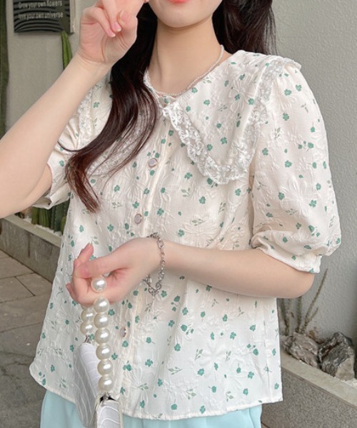 花柄 レース パフスリーブ トップス シャツ スパンコール セール】花柄パフスリーブレーストップス(シャツ/ブラウス