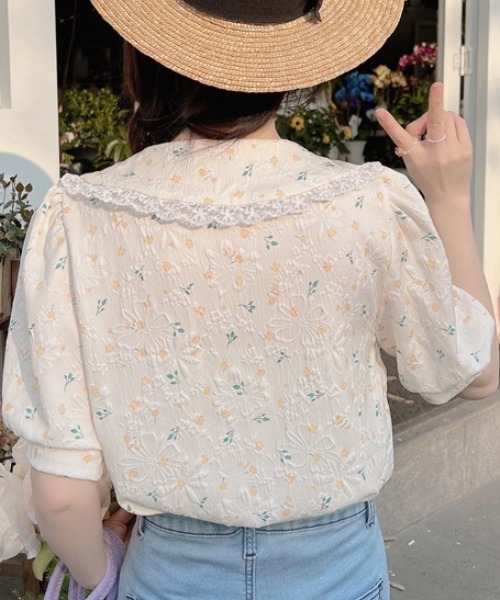 花柄 レース パフスリーブ トップス シャツ スパンコール セール】花柄パフスリーブレーストップス（シャツ/ブラウス