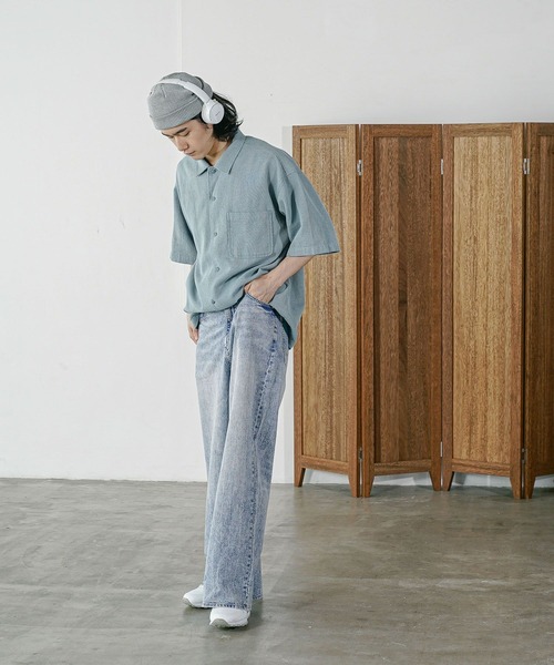 BAYFLOW（ベイフロー）の「[さらっと羽織れる]ワッフル半袖シャツ（シャツ/ブラウス・メンズ・ネイビー/ブルー/オフホワイト・MEDIUM/LARGE）」の4枚目の写真