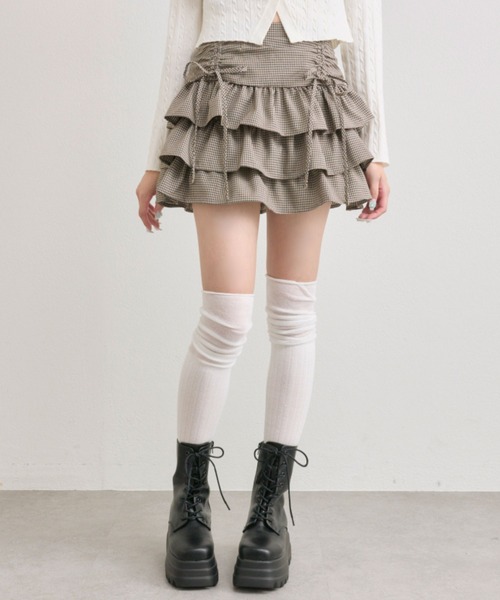 OLIVE des OLIVE（オリーブデオリーブ）の「ドロストティアードミニスカート（スカート・レディース・ネイビー/ブラウン系その他/ライトブラウン/オフホワイト/ホワイト/チャコールグレー・FREE）」の5枚目の写真