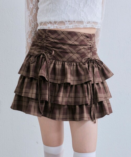 OLIVE des OLIVE（オリーブデオリーブ）の「ドロストティアードミニスカート（スカート・レディース・ネイビー/ブラウン系その他/ライトブラウン/オフホワイト/ホワイト/チャコールグレー・FREE）」の7枚目の写真