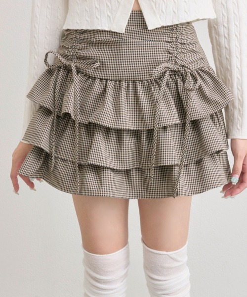 OLIVE des OLIVE（オリーブデオリーブ）の「ドロストティアードミニスカート（スカート・レディース・ネイビー/ブラウン系その他/ライトブラウン/オフホワイト/ホワイト/チャコールグレー・FREE）」の8枚目の写真