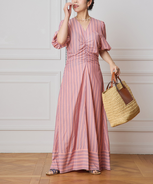 IENA LA BOUCLE ストライプギャザーワンピース（ワンピース