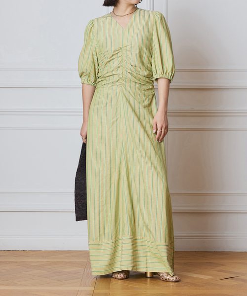 IENA LA BOUCLE ストライプギャザーワンピース（ワンピース