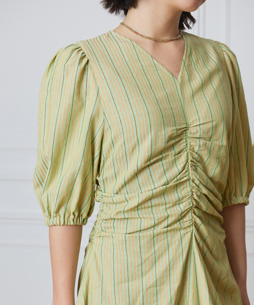 IENA LA BOUCLE ストライプギャザーワンピース（ワンピース