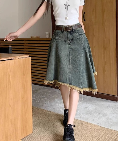 裾フリンジ アシンメトリー デニムスカート（デニムスカート