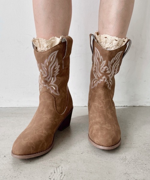 セール】刺繍入りミドルウエスタンブーツ（ブーツ）｜SOLLON