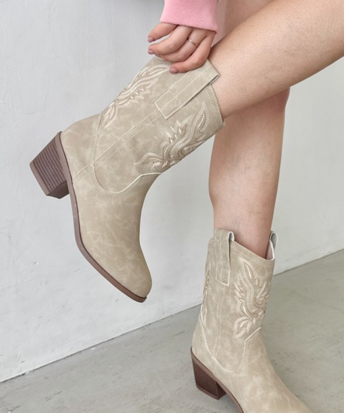 セール】刺繍入りミドルウエスタンブーツ（ブーツ）｜SOLLON