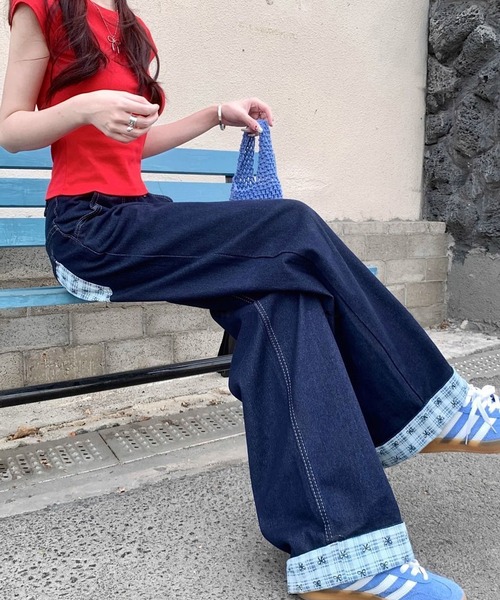 NANEA（ナネア）の「裾折り返しデニムワイドパンツ（デニムパンツ・レディース・ブルー・X-SMALL/SMALL/MEDIUM/LARGE）」の4枚目の写真