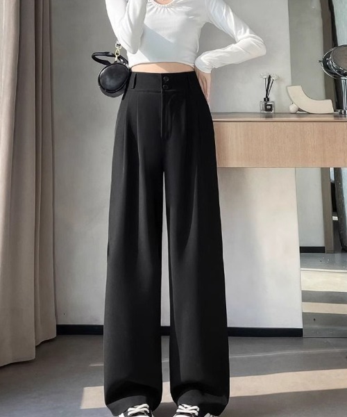 shoppinggo(ショッピングゴー)の「ワイドパンツ スラックス タックワイドパンツ リラックスパンツ カジュアルパンツ(その他パンツ・レディース・ブラック/キャメル・M/L)」の1枚目の写真