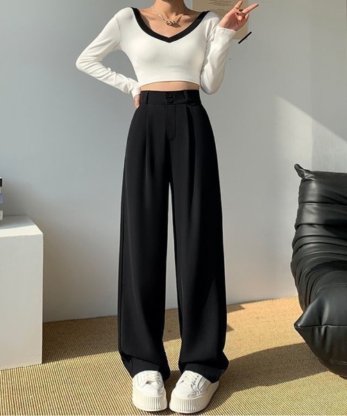 shoppinggo(ショッピングゴー)の「ワイドパンツ スラックス タックワイドパンツ リラックスパンツ カジュアルパンツ(その他パンツ・レディース・ブラック/キャメル・M/L)」の19枚目の写真