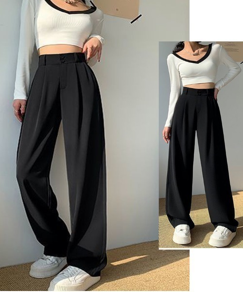 shoppinggo(ショッピングゴー)の「ワイドパンツ スラックス タックワイドパンツ リラックスパンツ カジュアルパンツ(その他パンツ・レディース・ブラック/キャメル・M/L)」の18枚目の写真