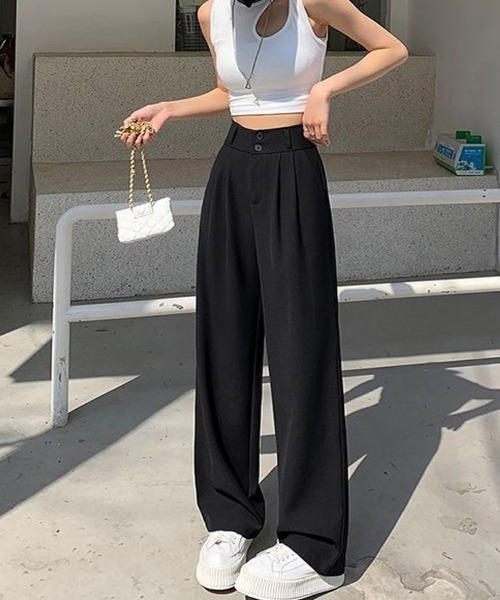 shoppinggo(ショッピングゴー)の「ワイドパンツ スラックス タックワイドパンツ リラックスパンツ カジュアルパンツ(その他パンツ・レディース・ブラック/キャメル・M/L)」の16枚目の写真