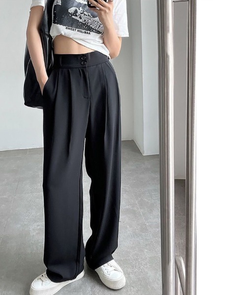 shoppinggo(ショッピングゴー)の「ワイドパンツ スラックス タックワイドパンツ リラックスパンツ カジュアルパンツ(その他パンツ・レディース・ブラック/キャメル・M/L)」の14枚目の写真