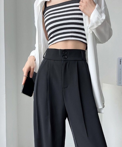 shoppinggo(ショッピングゴー)の「ワイドパンツ スラックス タックワイドパンツ リラックスパンツ カジュアルパンツ(その他パンツ・レディース・ブラック/キャメル・M/L)」の9枚目の写真