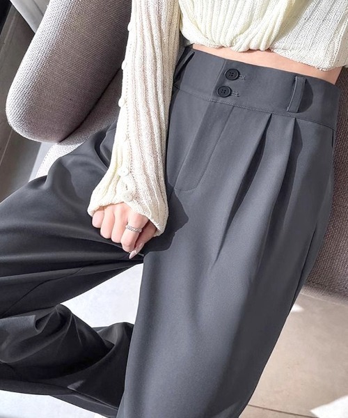 shoppinggo(ショッピングゴー)の「ワイドパンツ スラックス タックワイドパンツ リラックスパンツ カジュアルパンツ(その他パンツ・レディース・ブラック/キャメル・M/L)」の7枚目の写真