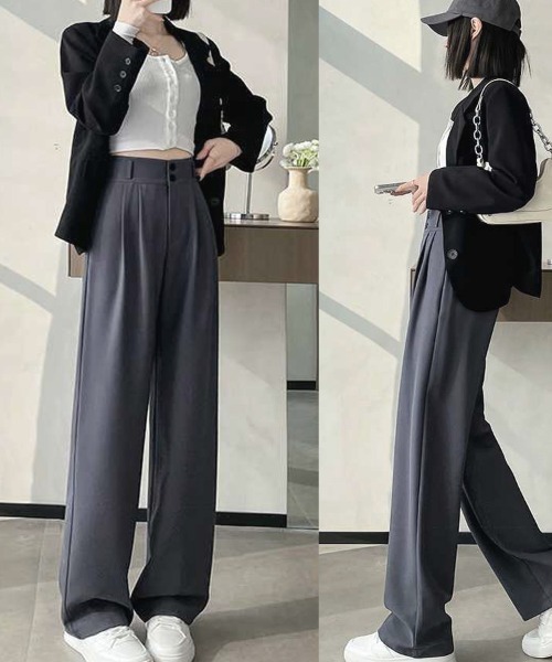 shoppinggo(ショッピングゴー)の「ワイドパンツ スラックス タックワイドパンツ リラックスパンツ カジュアルパンツ(その他パンツ・レディース・ブラック/キャメル・M/L)」の6枚目の写真