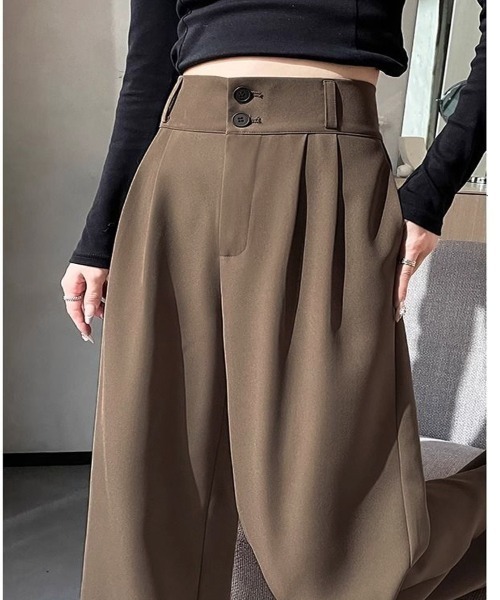 shoppinggo(ショッピングゴー)の「ワイドパンツ スラックス タックワイドパンツ リラックスパンツ カジュアルパンツ(その他パンツ・レディース・ブラック/キャメル・M/L)」の4枚目の写真