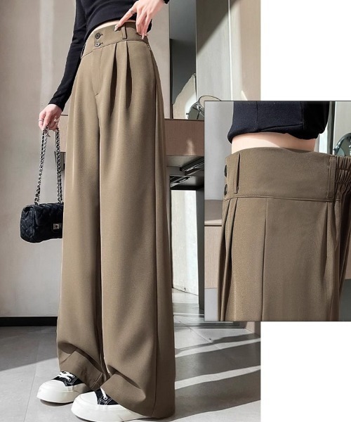 shoppinggo(ショッピングゴー)の「ワイドパンツ スラックス タックワイドパンツ リラックスパンツ カジュアルパンツ(その他パンツ・レディース・ブラック/キャメル・M/L)」の3枚目の写真
