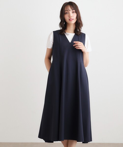 LAURA ASHLEY(ローラアシュレイ)の「【ツイルストレッチ/洗える】Vネックフレアジャンスカ(ワンピース・レディース・ブラウン系その他2/ネイビー・38)」の2枚目の写真