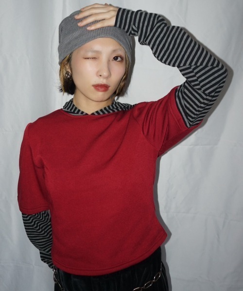 JEANASIS（ジーナシス）の「【25quee】ボーダーレイヤードフーディ/594907（パーカー・レディース・レッド系その他/グレー系その他/ネイビー系・FREE）」の3枚目の写真