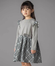 BeBe Petits Pois Vert（ベベプチポワヴェール）の「【お揃い】チェック柄裏毛ベロアリボンタックワンピース(95~150cm)（ワンピース・キッズ）」