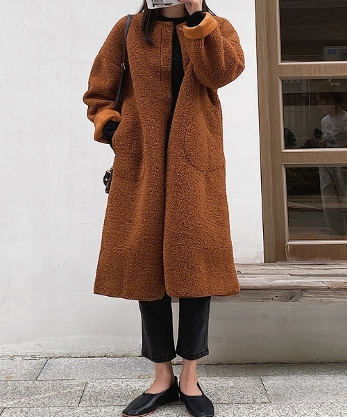 FREE STYLISTS(フリー スタイリスト)の「YUGA_YGMC Boa material collarless mid-length coat(モッズコート・レディース・ブラウン/ベージュ・FREE)」の8枚目の写真