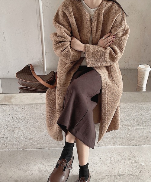 FREE STYLISTS(フリー スタイリスト)の「YUGA_YGMC Boa material collarless mid-length coat(モッズコート・レディース・ブラウン/ベージュ・FREE)」の5枚目の写真