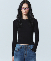 RIBBED SEMI CROP ROUND TOP_BLACK