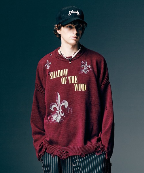 glamb(グラム)の「Sacred Damage Knit / セイクリッドダメージニット(ニット/セーター・メンズ・レッド/ブラック・S/M/L)」の9枚目の写真