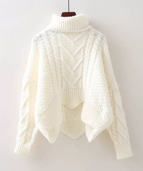 CADBURY（キャドバリー）の「変形ｹｰﾌﾞﾙ編みﾀｰﾄﾙﾆｯﾄ（ニット/セーター・レディース・オレンジ/ベージュ/レッド/ホワイト/カーキ/ブラック/ブルー・FREE）」の2枚目の写真