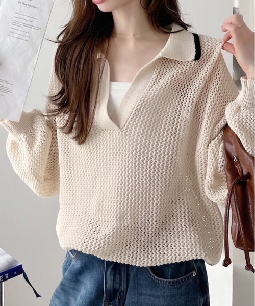 Ada.(エイダ)の「メッシュ編み スキッパー ニット トップス(ニット/セーター・レディース・アイボリー/ブラック・FREE)」の1枚目の写真