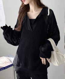 メッシュ編み スキッパー ニット トップス