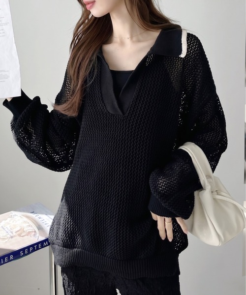 Ada.(エイダ)の「メッシュ編み スキッパー ニット トップス(ニット/セーター・レディース・アイボリー/ブラック・FREE)」の2枚目の写真