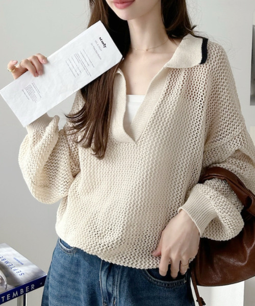 Ada.(エイダ)の「メッシュ編み スキッパー ニット トップス(ニット/セーター・レディース・アイボリー/ブラック・FREE)」の4枚目の写真