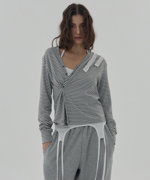 IRENE SHOULDER FRILL CARDIGAN - GREY