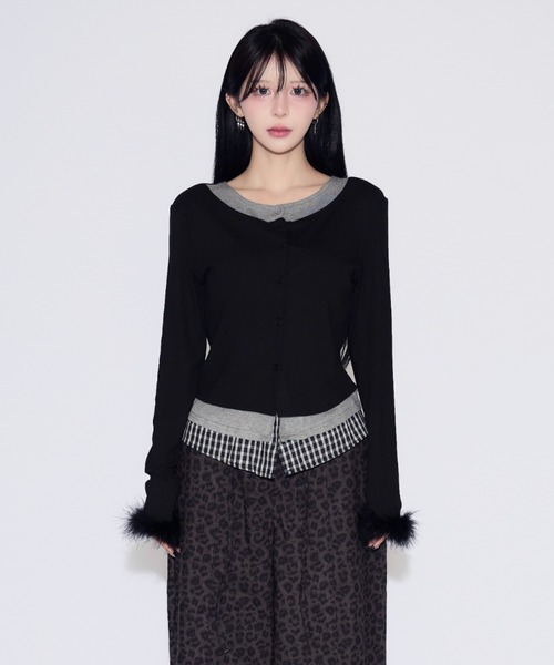 tinkerend(ティンカーエンド)の「Layered Fur Rib Cardigan / レイヤードファーリブカーディガン(カーディガン/ボレロ・レディース・ブラック/グレー・FREE)」の10枚目の写真