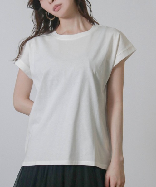 NYLAUS(ナイラス)の「【SG】フレンチスリーブTシャツ 半袖Tシャツ(Tシャツ/カットソー・レディース・ブラック/オフホワイト/ブルーパープル/ライトグレー/ベージュ/グレイッシュベージュ・M)」の1枚目の写真