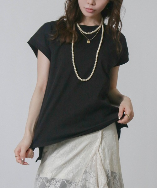 NYLAUS(ナイラス)の「【SG】フレンチスリーブTシャツ 半袖Tシャツ(Tシャツ/カットソー・レディース・ブラック/オフホワイト/ブルーパープル/ライトグレー/ベージュ/グレイッシュベージュ・M)」の2枚目の写真