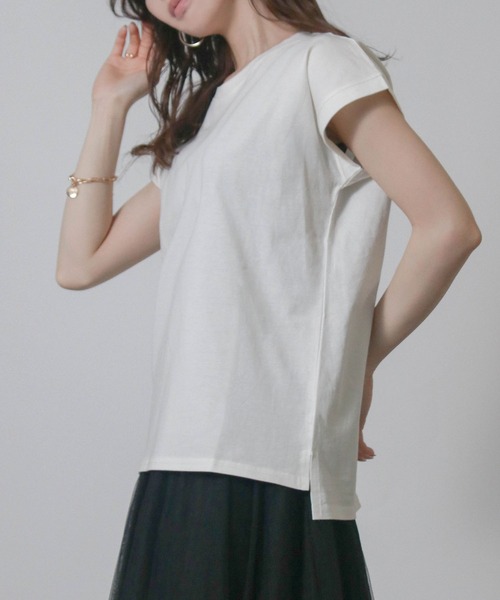 NYLAUS(ナイラス)の「【SG】フレンチスリーブTシャツ 半袖Tシャツ(Tシャツ/カットソー・レディース・ブラック/オフホワイト/ブルーパープル/ライトグレー/ベージュ/グレイッシュベージュ・M)」の8枚目の写真