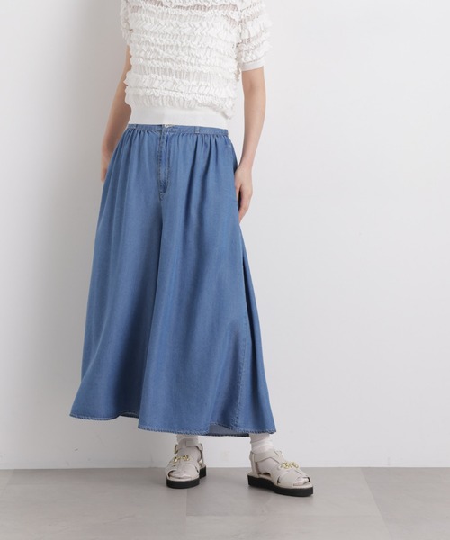 テンセルデニムギャザーワイドパンツ(セットアップ可)（デニムパンツ