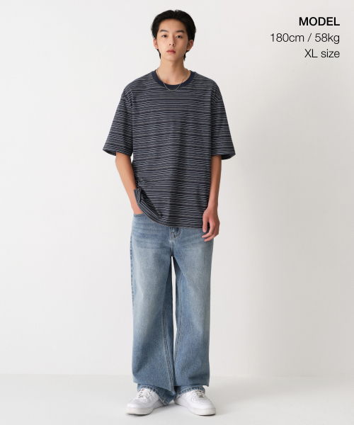 MUSINSA STANDARD（ムシンサスタンダード）の「マルチストライプリラックスドTシャツ4 [ネイビー]（Tシャツ/カットソー・メンズ・その他・XX-LARGE/X-LARGE/LARGE/MEDIUM/SMALL/XXX-LARGE）」の2枚目の写真