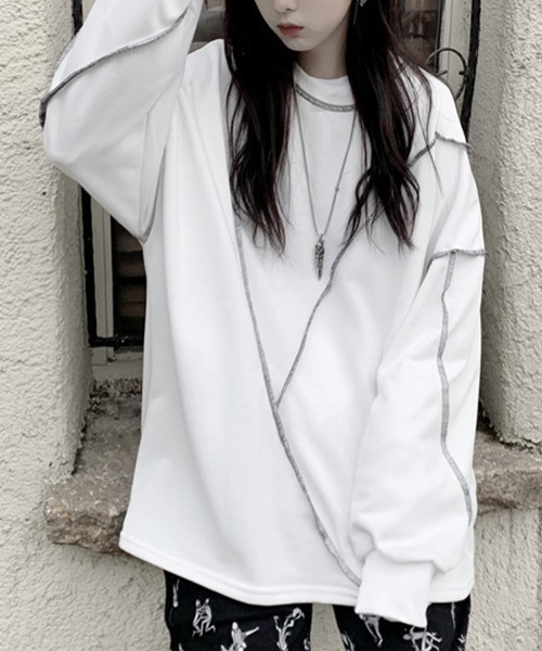 mielu（ミエル）の「アウトステッチロングスリーブトップス（Tシャツ/カットソー・レディース・ブラック/ホワイト・MEDIUM/LARGE）」の2枚目の写真