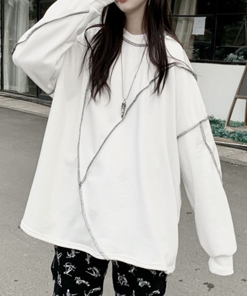 mielu（ミエル）の「アウトステッチロングスリーブトップス（Tシャツ/カットソー・レディース・ブラック/ホワイト・MEDIUM/LARGE）」の3枚目の写真
